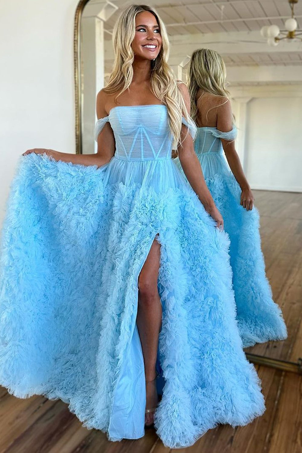 Weitese Stunning Princess A-Line Off The Shoulder Long Ruffle Tulle Prom Dress With Split