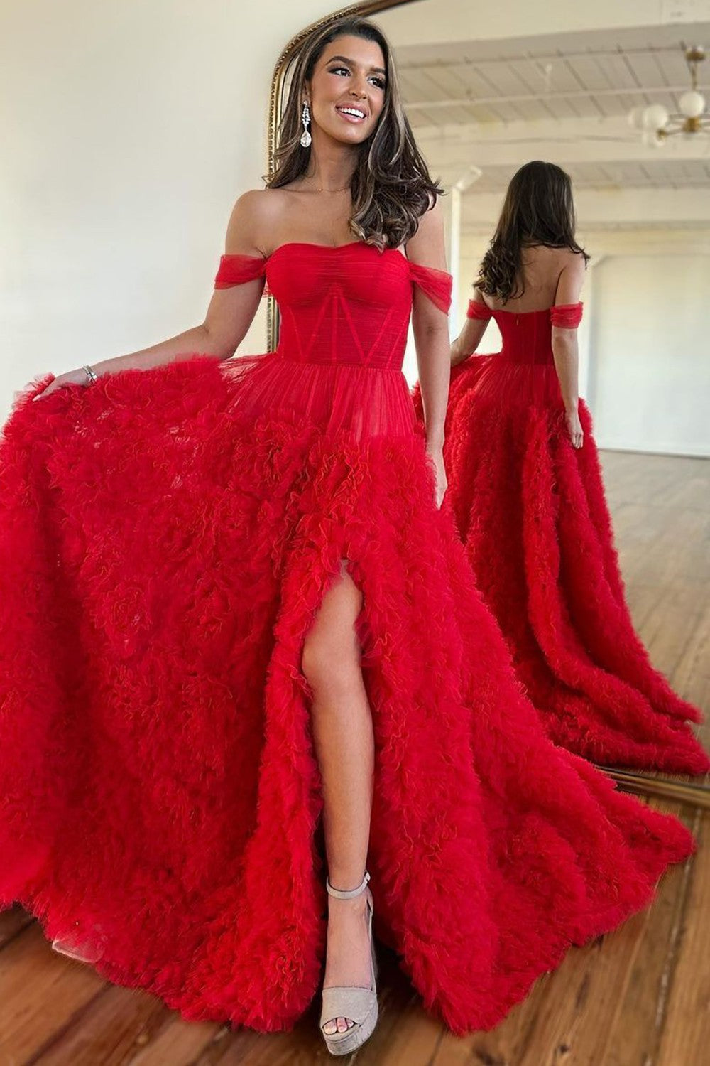 Weitese Stunning Princess A-Line Off The Shoulder Long Ruffle Tulle Prom Dress With Split