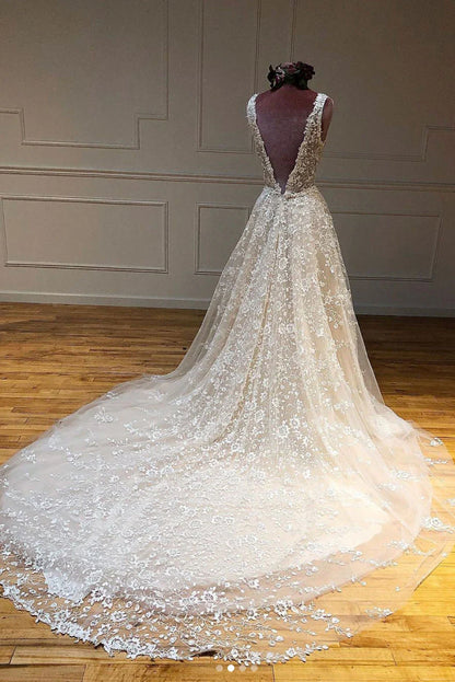 Champagne v neck tulle lace long Wedding Dresses