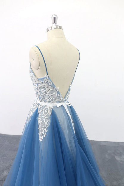 Spaghetti Straps Blue V Neck Tulle Lace Long Wedding Dresses With Applique