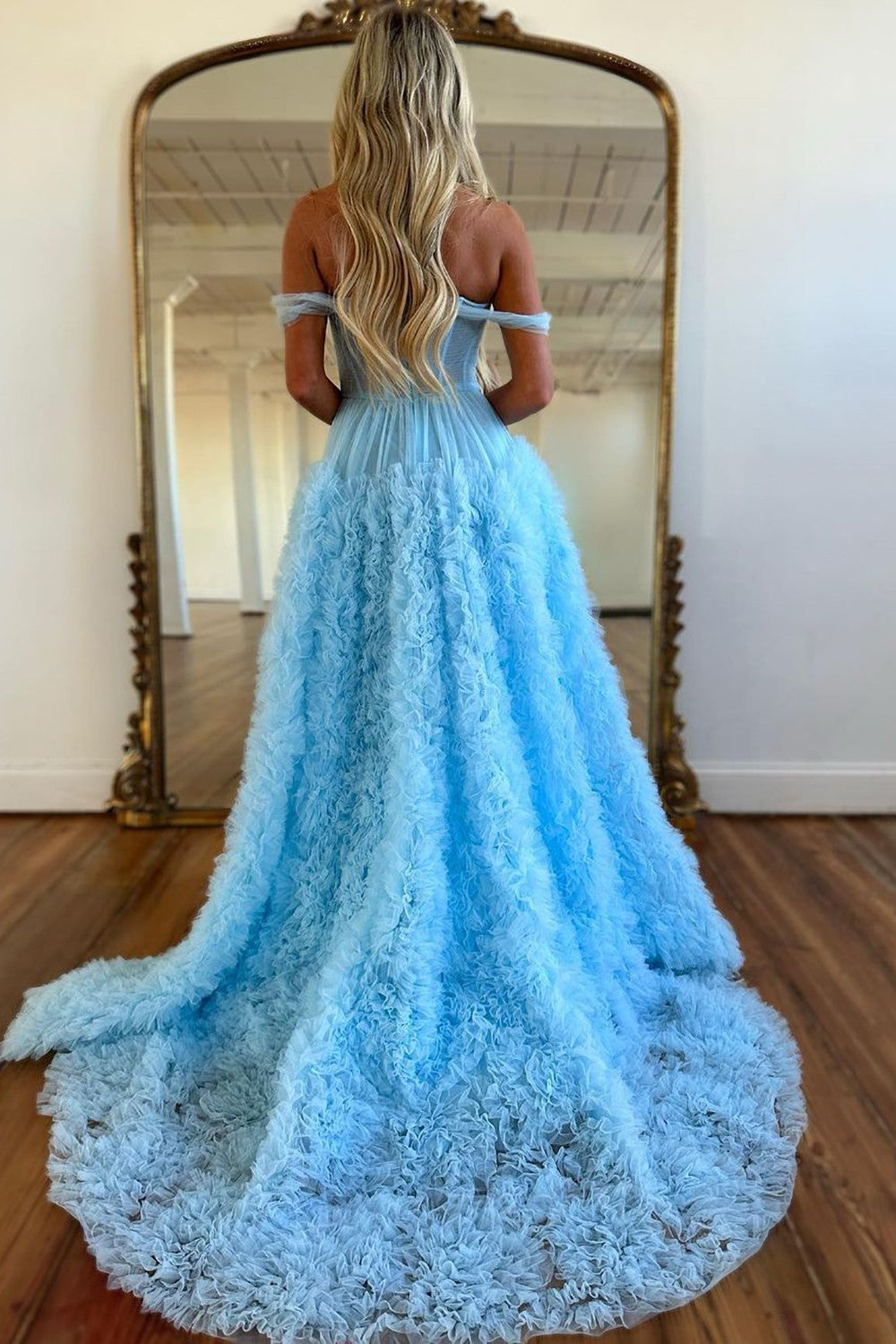 Weitese Stunning Princess A-Line Off The Shoulder Long Ruffle Tulle Prom Dress With Split