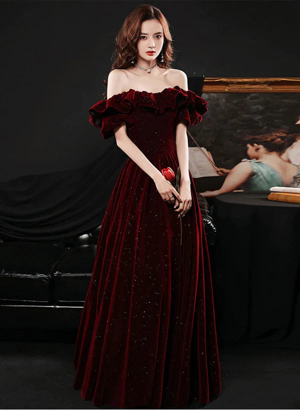 Off Shoulder Wine Red Velvet A-line Party Dress