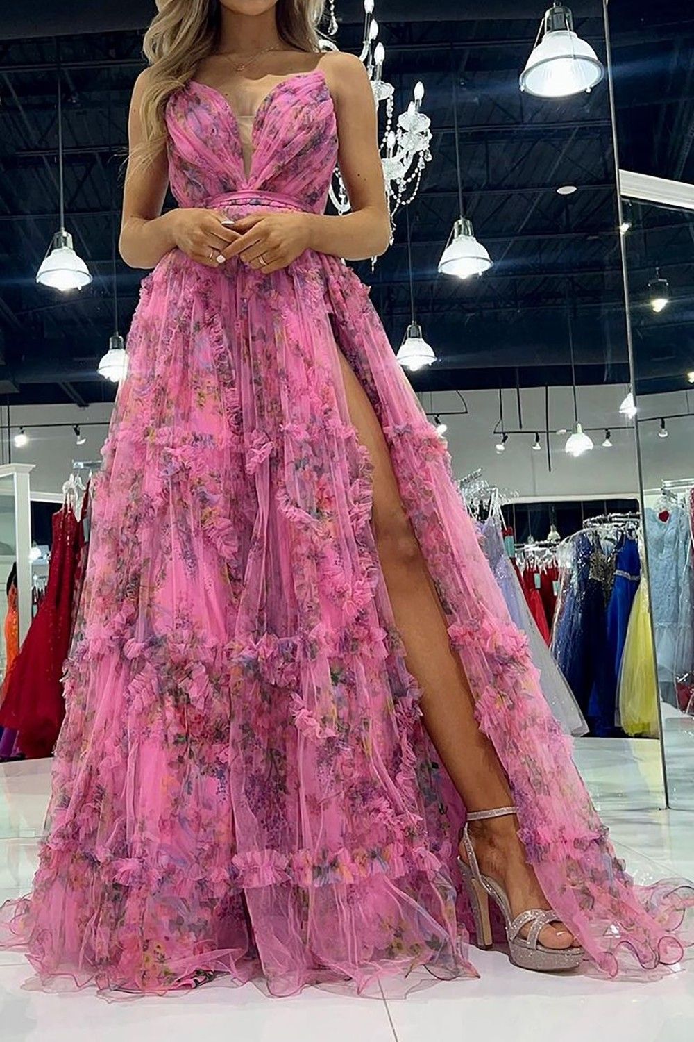 Weitese Charming A Line Sweetheart Pink Floral Printed Long Prom Dress