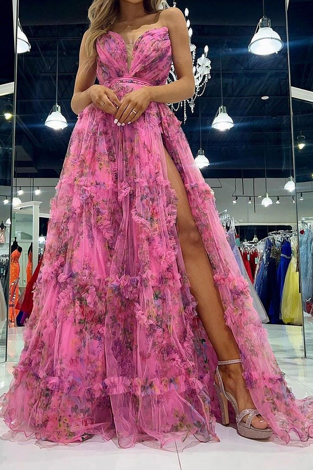 Weitese Charming A Line Sweetheart Pink Floral Printed Long Prom Dress