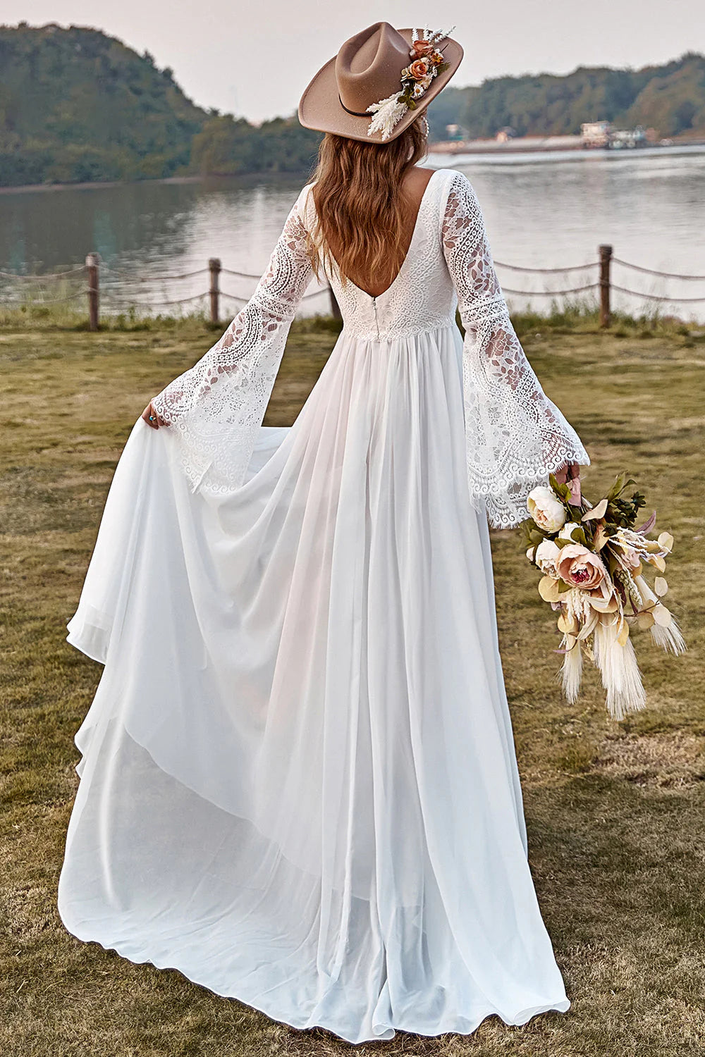 Lace Chiffon Trumpet Sleeve Boho Wedding Dress