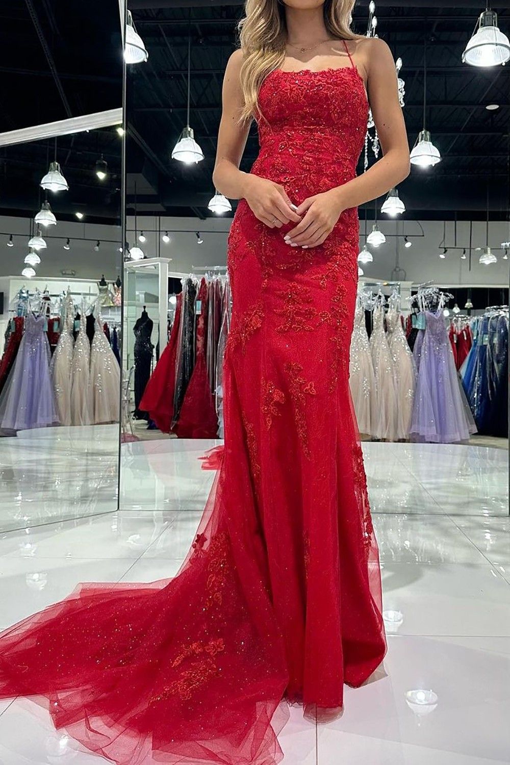 Weitese Hot Mermaid Spaghetti Straps Red Long Prom Dress with Criss Cross Back