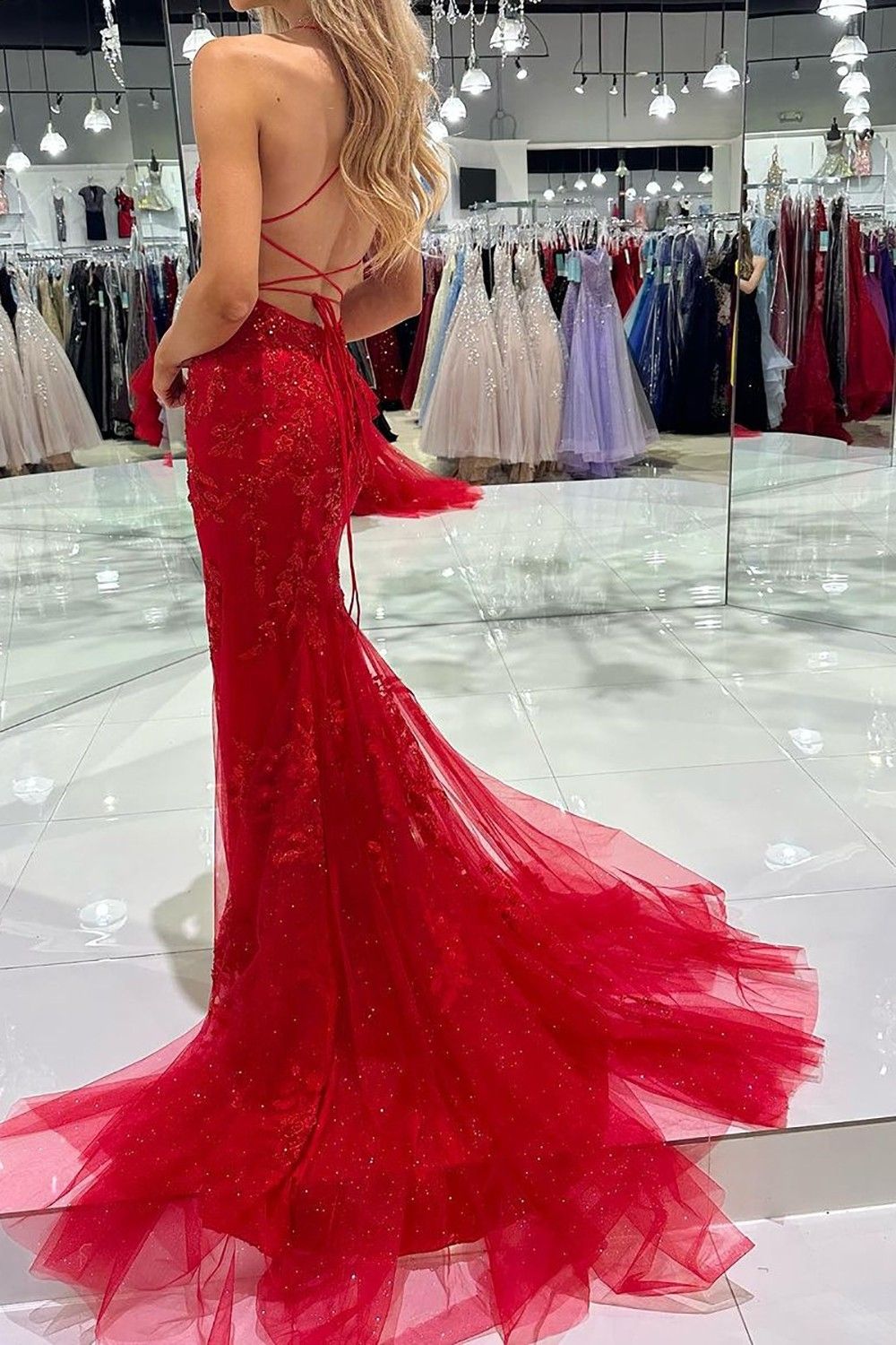 Weitese Hot Mermaid Spaghetti Straps Red Long Prom Dress with Criss Cross Back