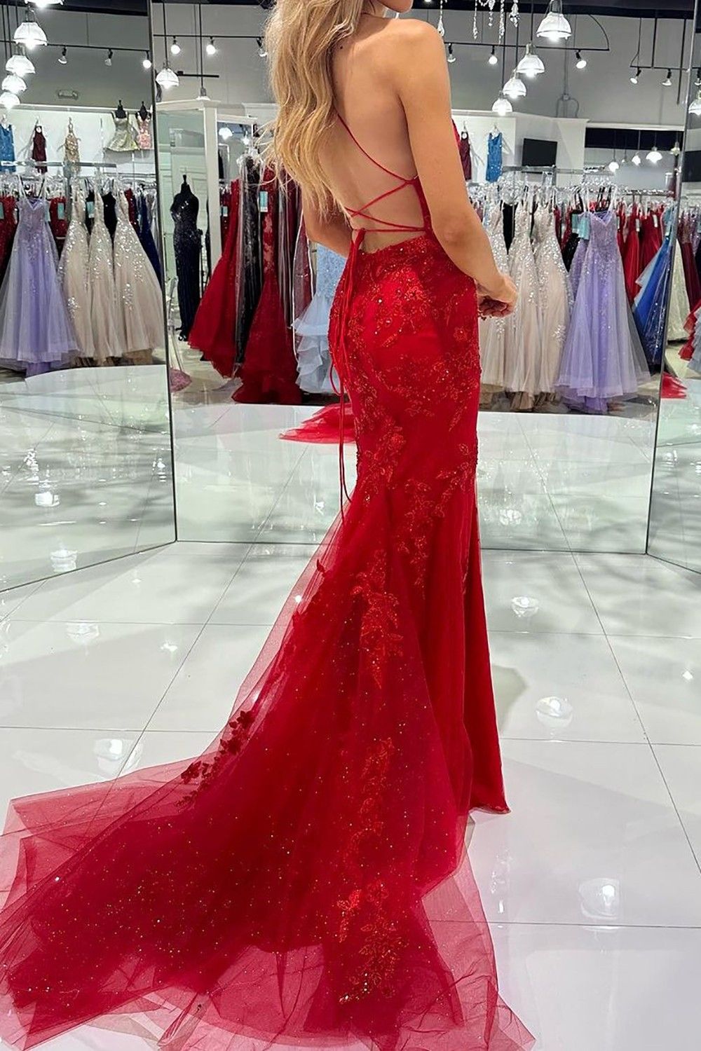 Weitese Hot Mermaid Spaghetti Straps Red Long Prom Dress with Criss Cross Back