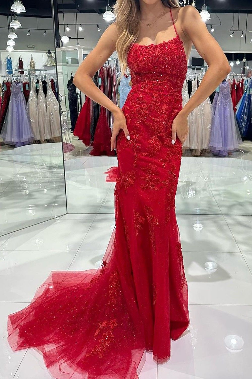 Weitese Hot Mermaid Spaghetti Straps Red Long Prom Dress with Criss Cross Back