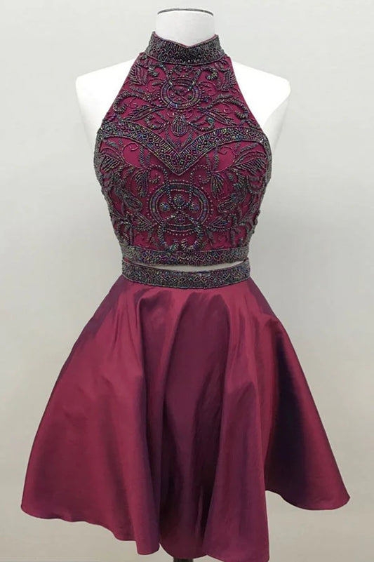 Off Sleeves Burgundy Two Pieces Beads Short Homecoming Dress