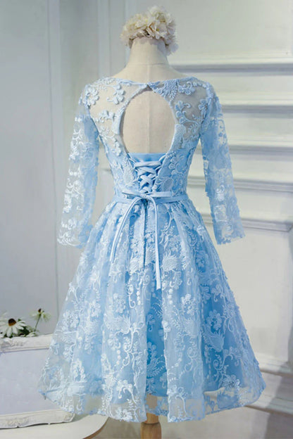 Backless Blue Round Neck Lace Short Homecoming Dress With Applique