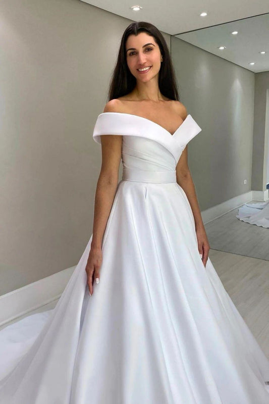 Weitese Elegant A Line Off the Shoulder White Wedding Party Dress