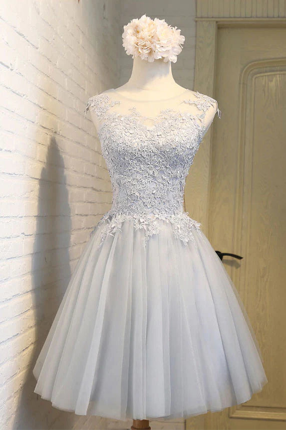 Simple round neck lace applique tulle short homecoming dress