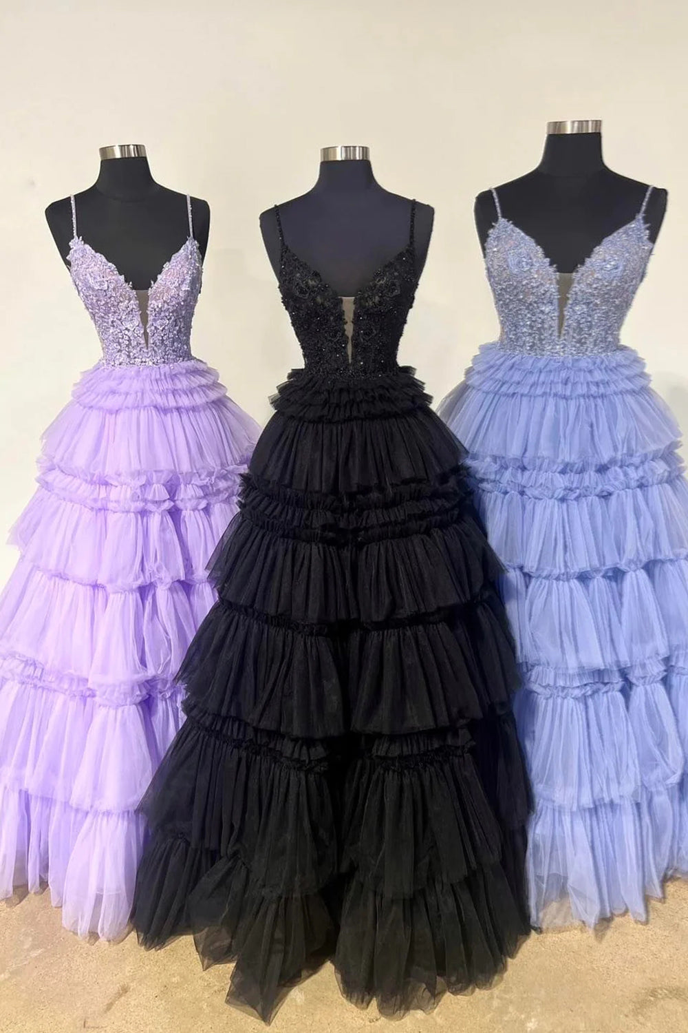 Weitese Stunning A-Line Spaghetti Straps Long Tiered Tulle Prom Dress