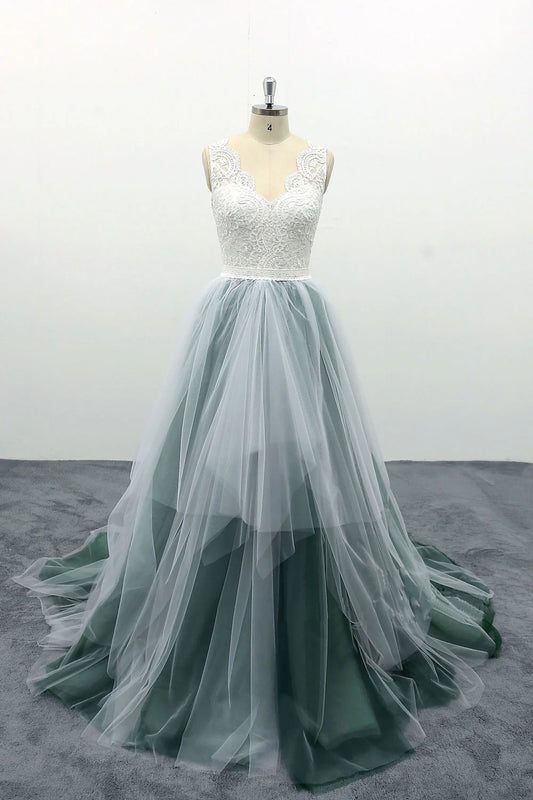 Green tulle lace long Wedding Dresses