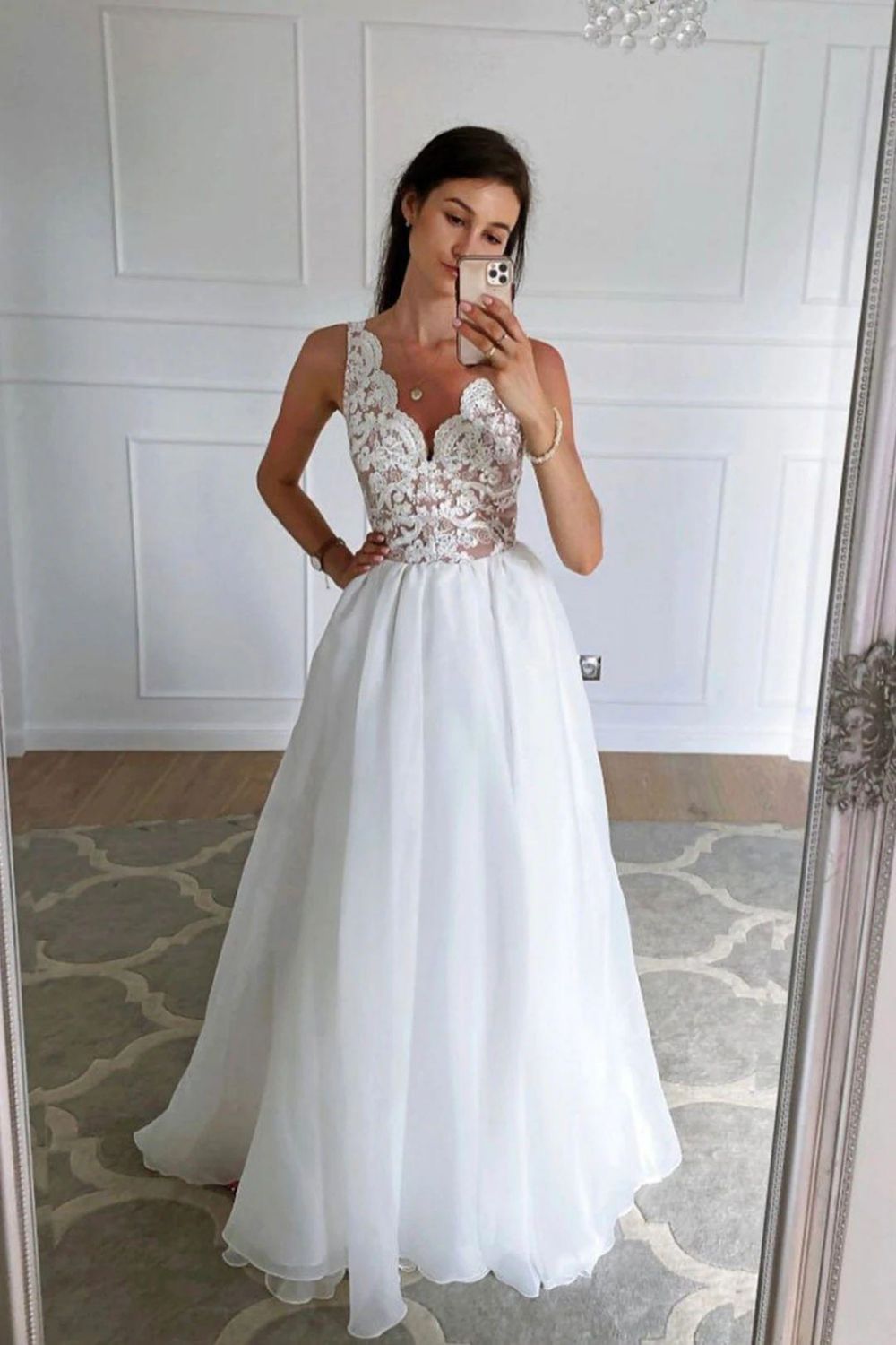 Weitese Classic A Line V Neck White Bridal Dress with Appliques