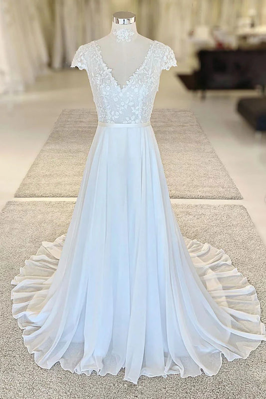 White v neck lace chiffon long Wedding Dresses