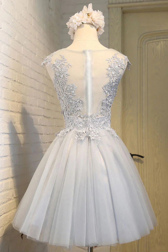 Simple round neck lace applique tulle short homecoming dress