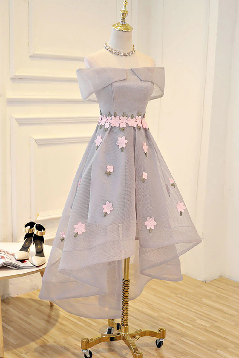 Gray applique high low Homecoming Dresses