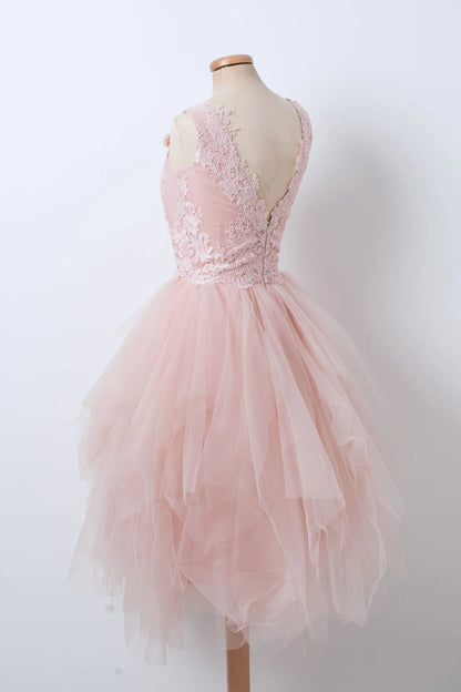 Pink v neck tulle lace short homecoming dress