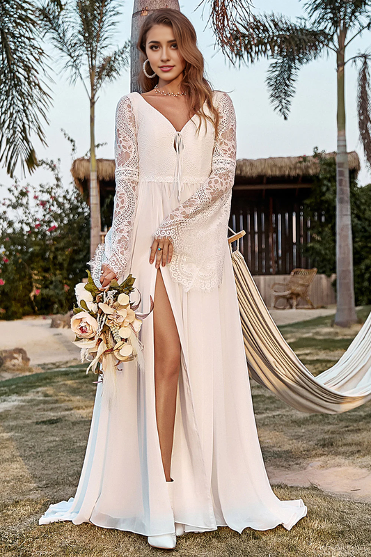 Lace Chiffon Trumpet Sleeve Boho Wedding Dress