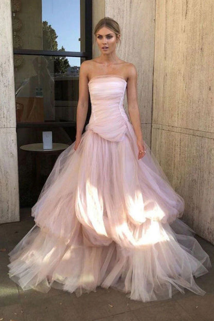 Weitese Charming A Line Strapless Pink Long Prom Dress with Ruffles