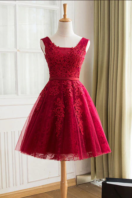 Square Neck Backless Burgundy Lace Tulle Short Homecoming Dress