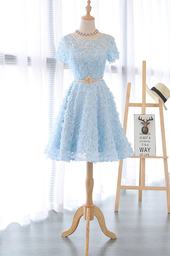 Cute 3D lace short blue homecoming dress