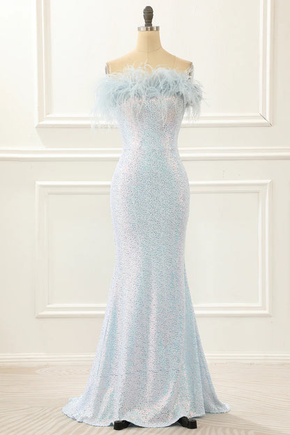 Sequin Light Blue Mermaid Prom Dress With Feathers