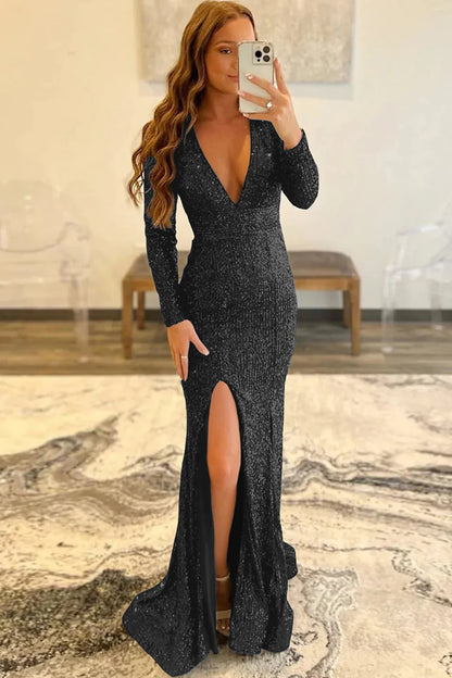 Mermaid Sequins Floor Length V-Neck Long Sleeves Prom Dress With Slit