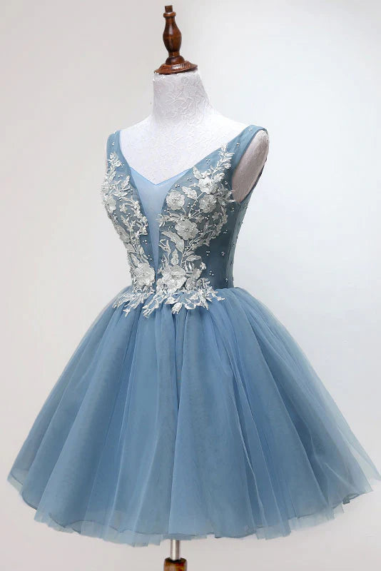 Blue Tulle Lace Short homecoming Dress With Applique