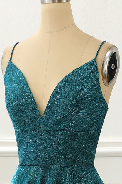 Deep V Neck Blue Spaghetti Straps Long Sparkly Prom Dress With Train