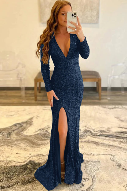 Mermaid Sequins Floor Length V-Neck Long Sleeves Prom Dress With Slit