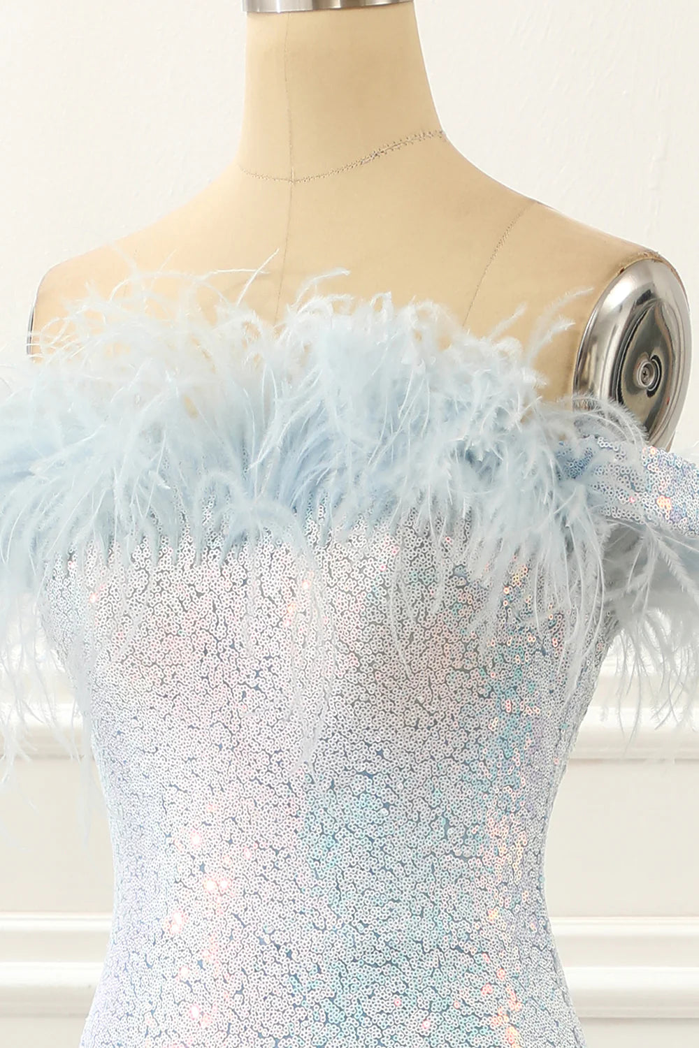 Sequin Light Blue Mermaid Prom Dress With Feathers