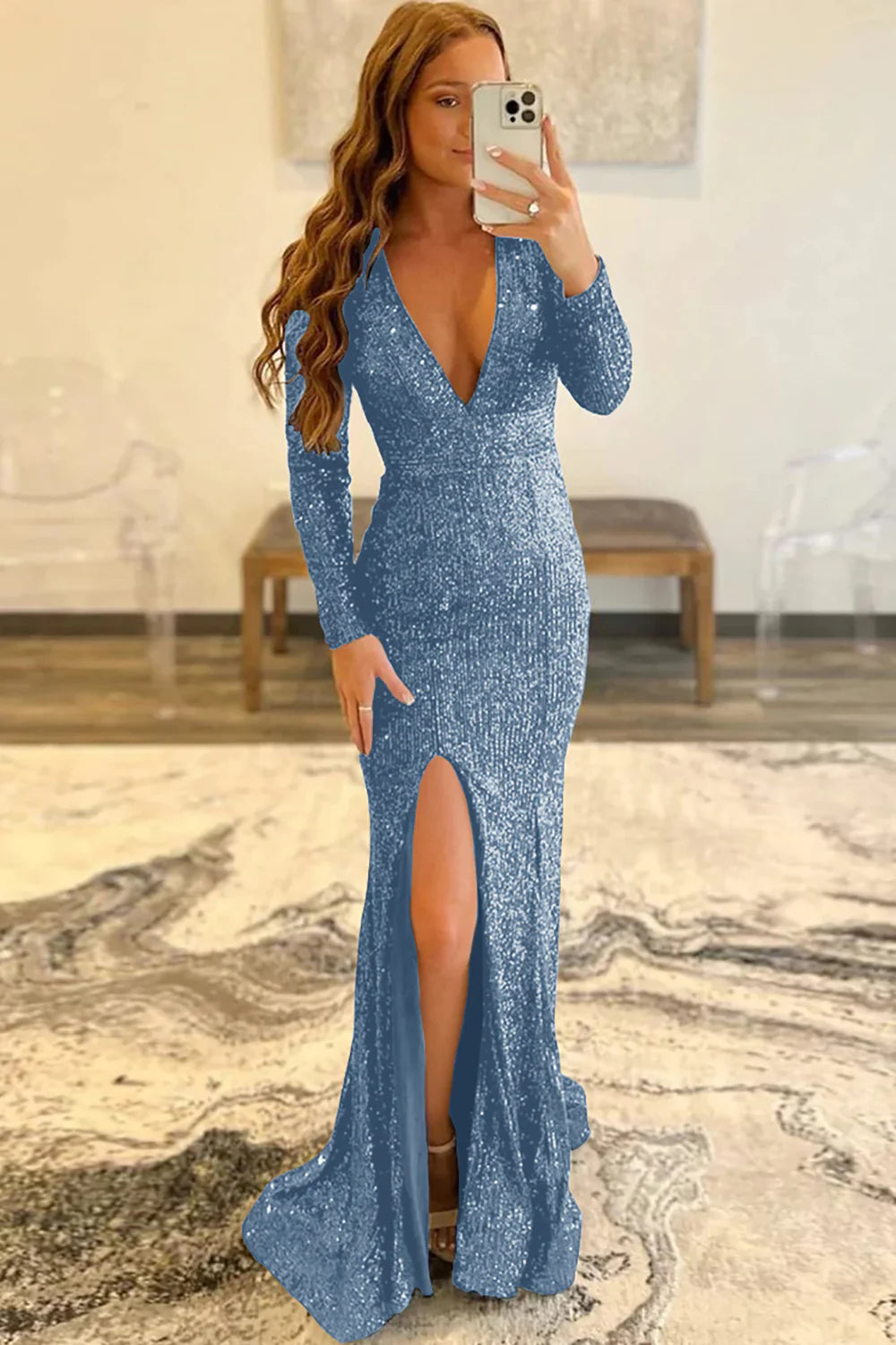 Mermaid Sequins Floor Length V-Neck Long Sleeves Prom Dress With Slit