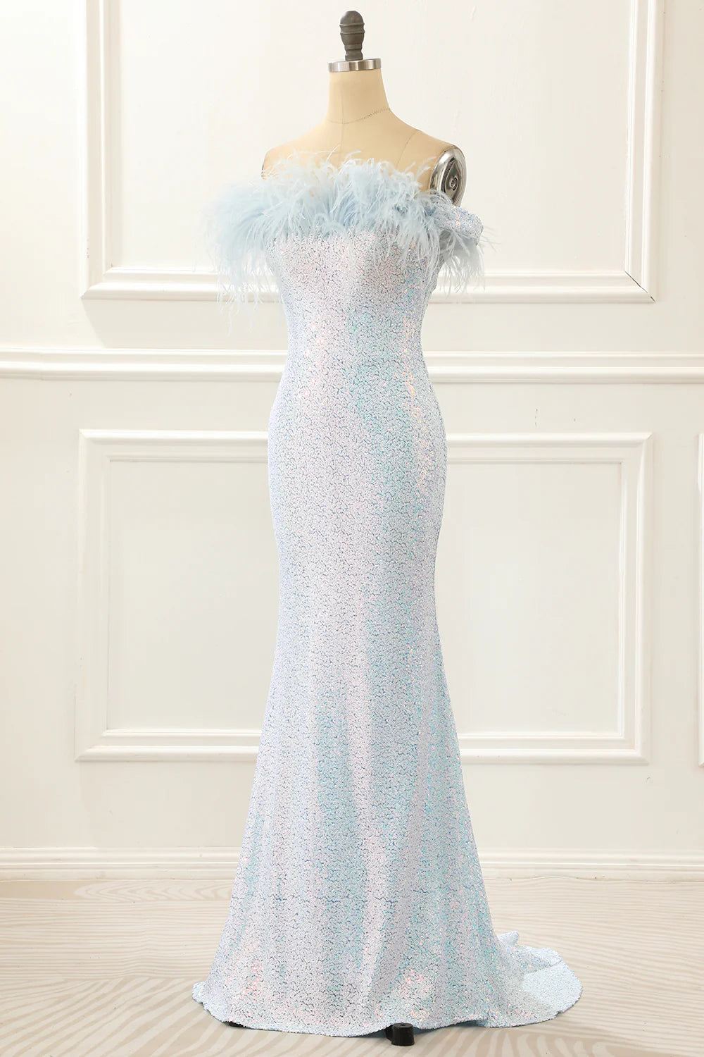 Sequin Light Blue Mermaid Prom Dress With Feathers