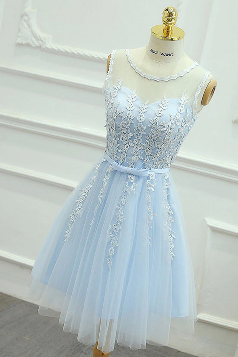 Cute round neck lace tulle blue homeoming dress