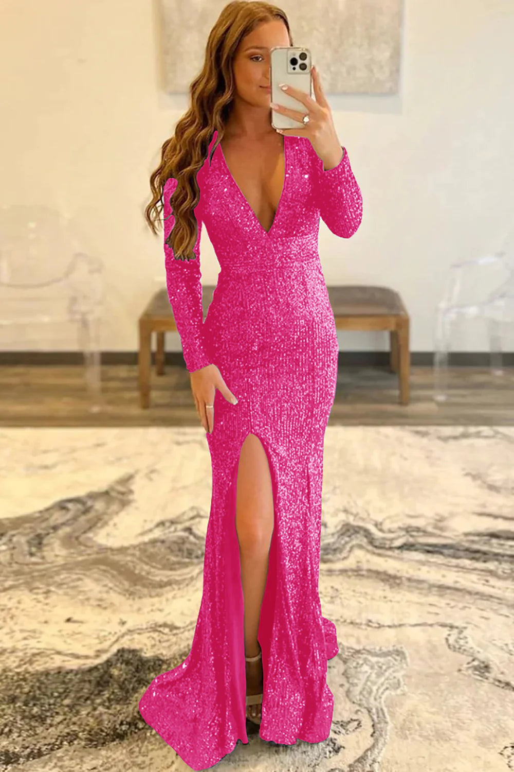 Mermaid Sequins Floor Length V-Neck Long Sleeves Prom Dress With Slit