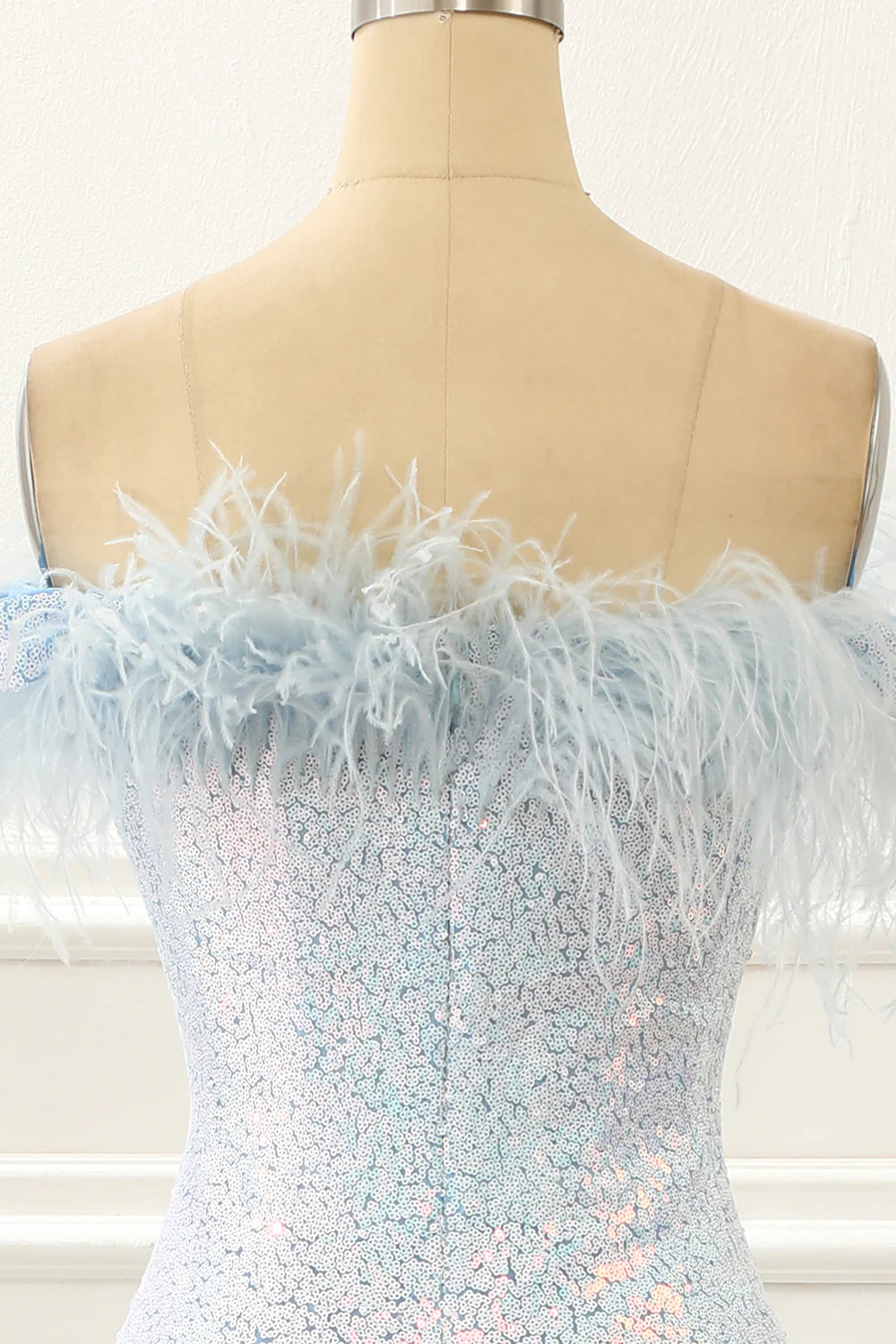 Sequin Light Blue Mermaid Prom Dress With Feathers