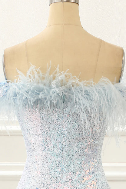 Sequin Light Blue Mermaid Prom Dress With Feathers