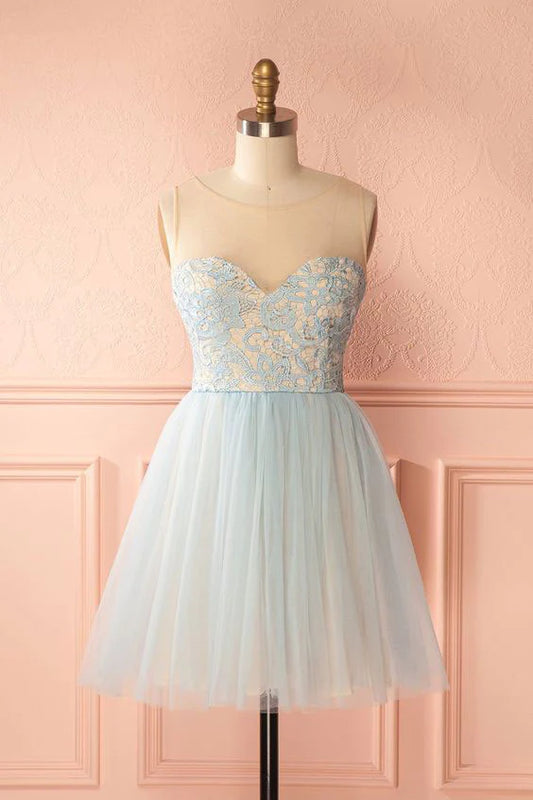 Cute tulle light blue short homecoming dress