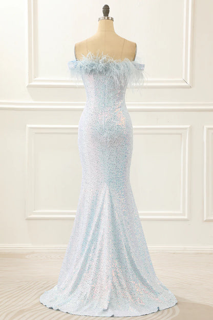 Sequin Light Blue Mermaid Prom Dress With Feathers