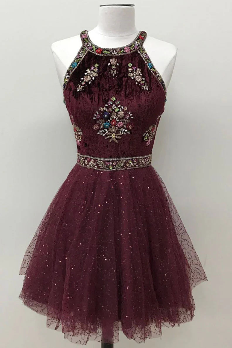 Unique round neck tulle beads short homecoming dress