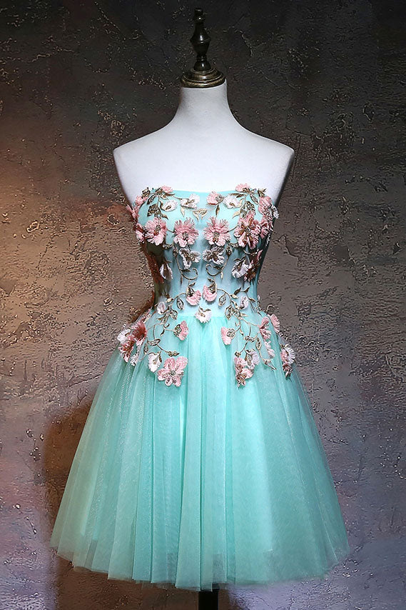 Cute green tulle lace applique short Homecoming Dresses