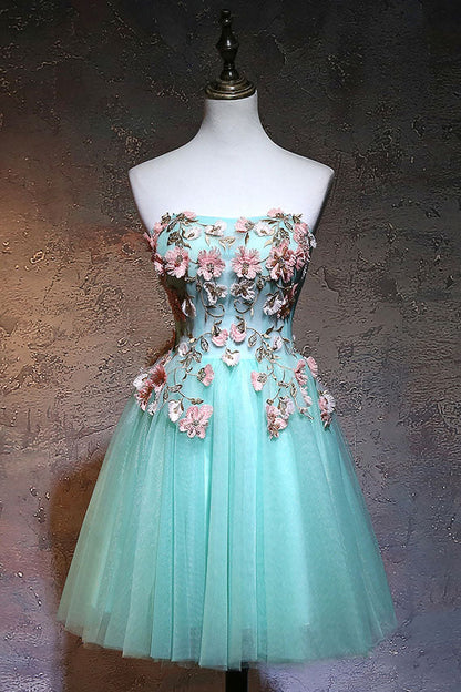 Cute green tulle lace applique short Homecoming Dresses