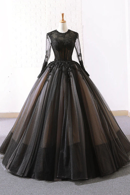 Black Tulle Lace Long Sleeves Floor Length Wedding Dresses