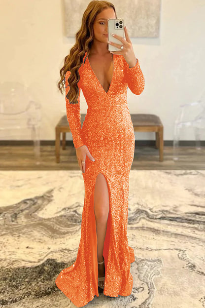 Mermaid Sequins V-Neck Long Sleeves Prom Dress