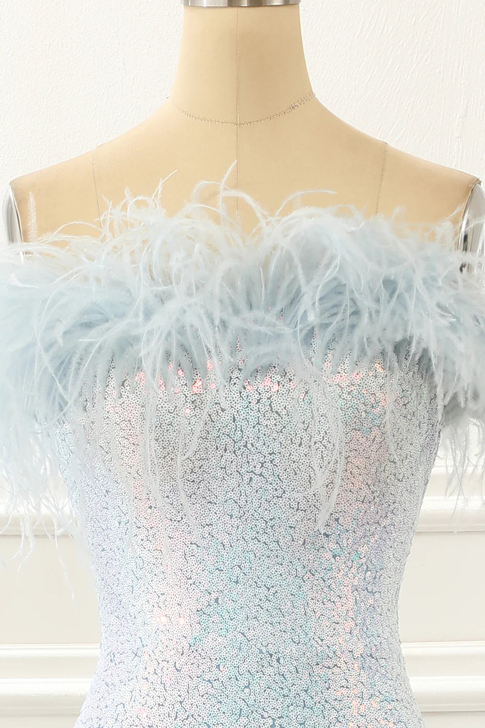 Sequin Light Blue Mermaid Prom Dress With Feathers