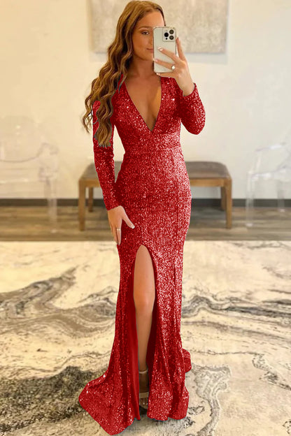 Mermaid Sequins V-Neck Long Sleeves Prom Dress