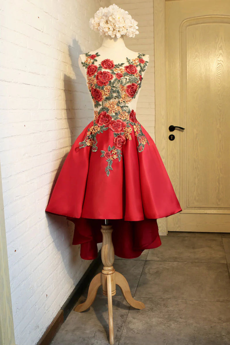 Red lace applique short homecoming dress